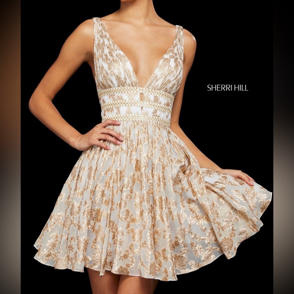 Sherri Hill Ivory Dress with Gold Embroidered Accents